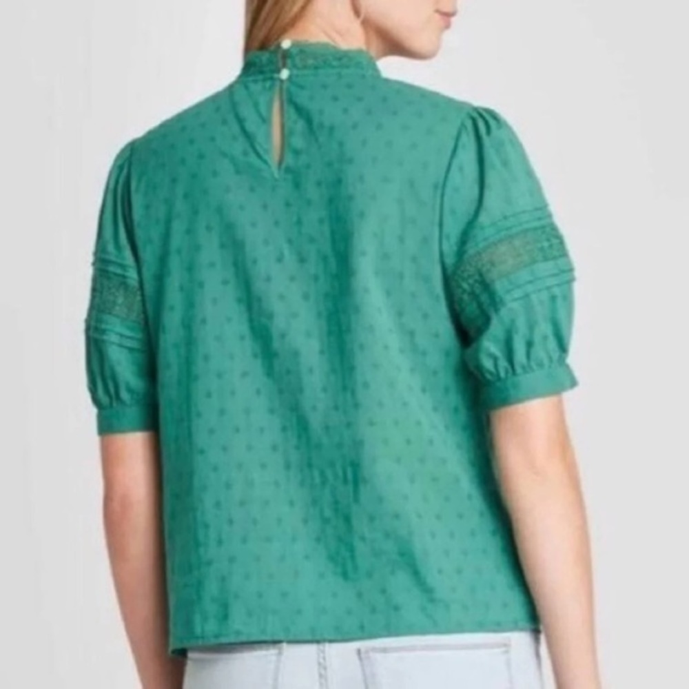 NWOT Teal Green Crochet Trim High Neck Peasant Top Blouse Puff Sleeve New - Picture 2 of 11